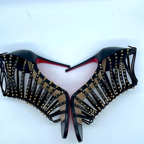 Christian Louboutin Black gold studded gladiator Milla Clou ankle heels EU 38.5 - Picture 5 of 10